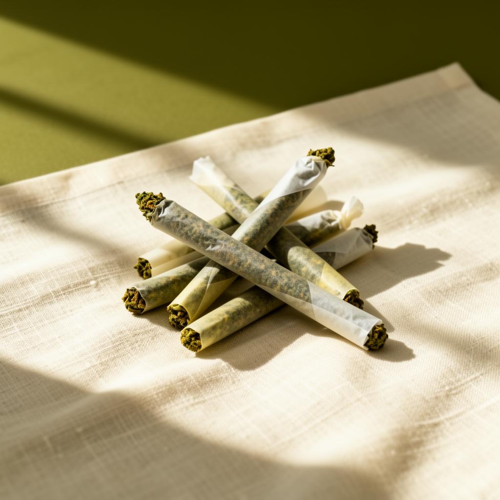 Happy Stash hand-rolled joints on linen